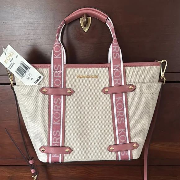MICHAEL KORS Maeve Small Canvas Open Tote Rose Leather NWT $298 - Picture 1 of 14